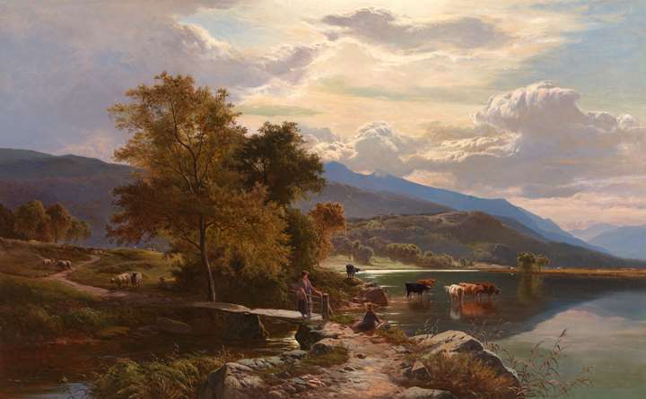 Near Bettws-y-Coed; Moel Siabod from Capel Curig,  with cattle by the water and figures on the bank